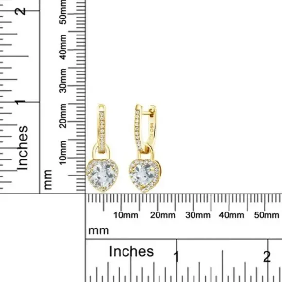 18K Yellow Gold 925 with 1.96 Cttw Aquamarine and White Sapphire Heart Earrings